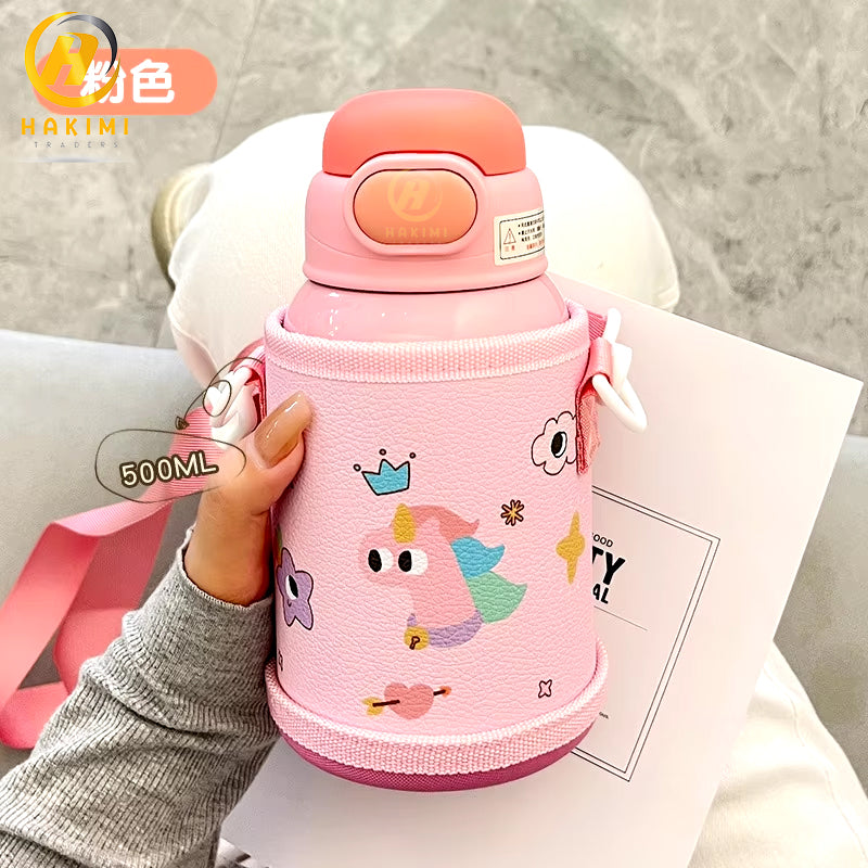 Cartoon Theme Water Bottle with Strap n Pouch