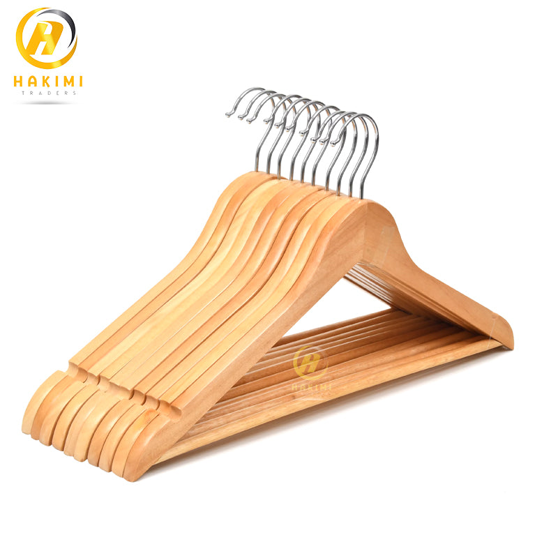 Pack of 3- Wooden Cloth Hangers with anti-slip Pant Hanging Bar and 360 Rotating Neck