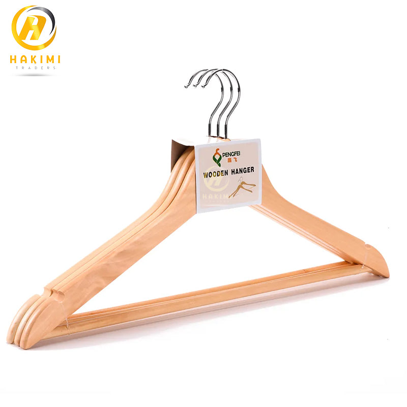 Pack of 3- Wooden Cloth Hangers with anti-slip Pant Hanging Bar and 360 Rotating Neck